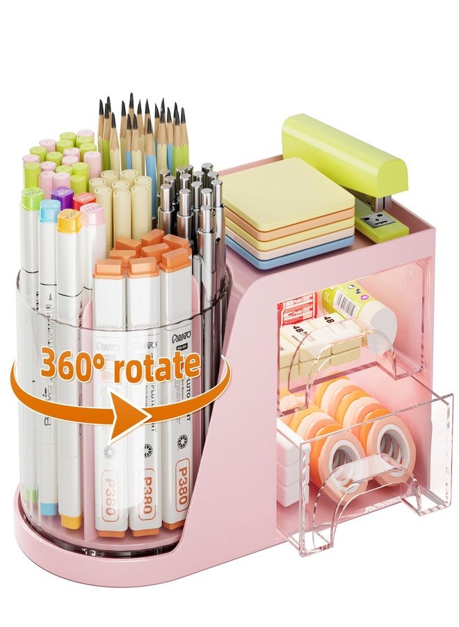 Marbrasse Desk Organizer with 2 Drawer, 360°Rotating Pen Holder for Desk, Desk Organizers and Accessories with 6 Slots Pencil Organizer + 2 Drawer, Art Supply Storage Box Caddy for Office (Pink) - Image 1