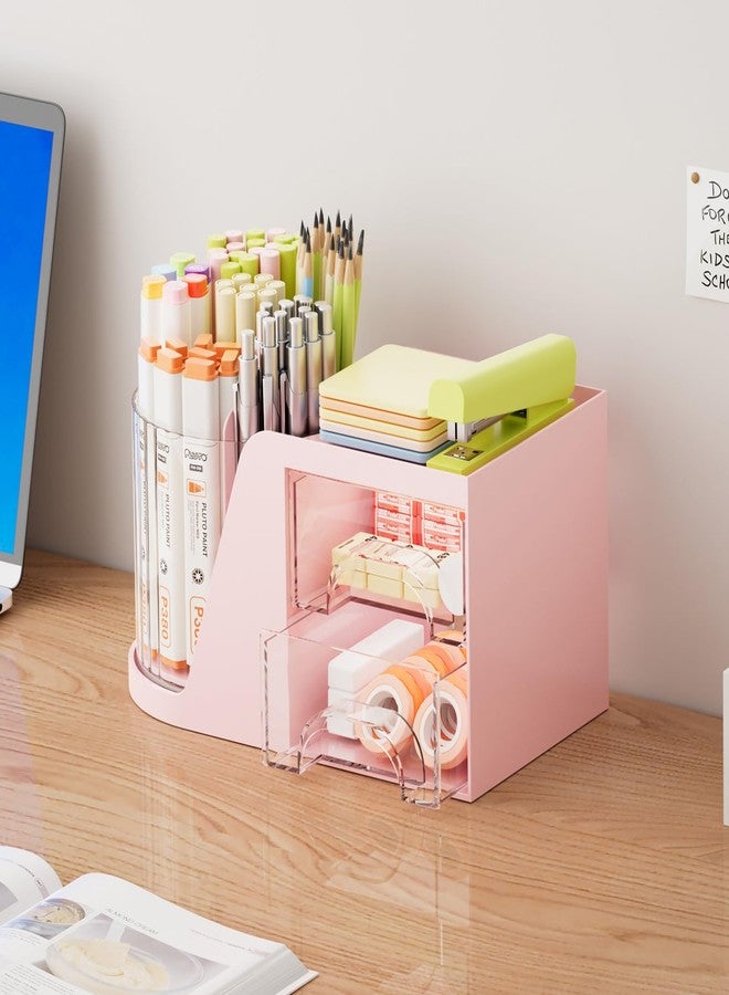 Marbrasse Desk Organizer with 2 Drawer, 360°Rotating Pen Holder for Desk, Desk Organizers and Accessories with 6 Slots Pencil Organizer + 2 Drawer, Art Supply Storage Box Caddy for Office (Pink) - Image 4