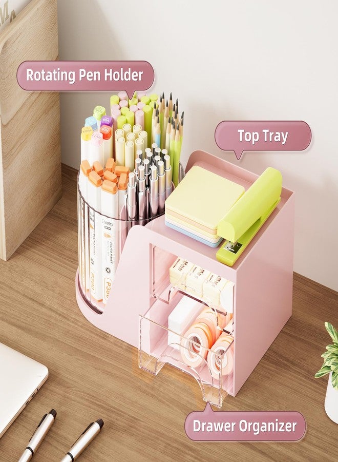 Marbrasse Desk Organizer with 2 Drawer, 360°Rotating Pen Holder for Desk, Desk Organizers and Accessories with 6 Slots Pencil Organizer + 2 Drawer, Art Supply Storage Box Caddy for Office (Pink) - Image 2