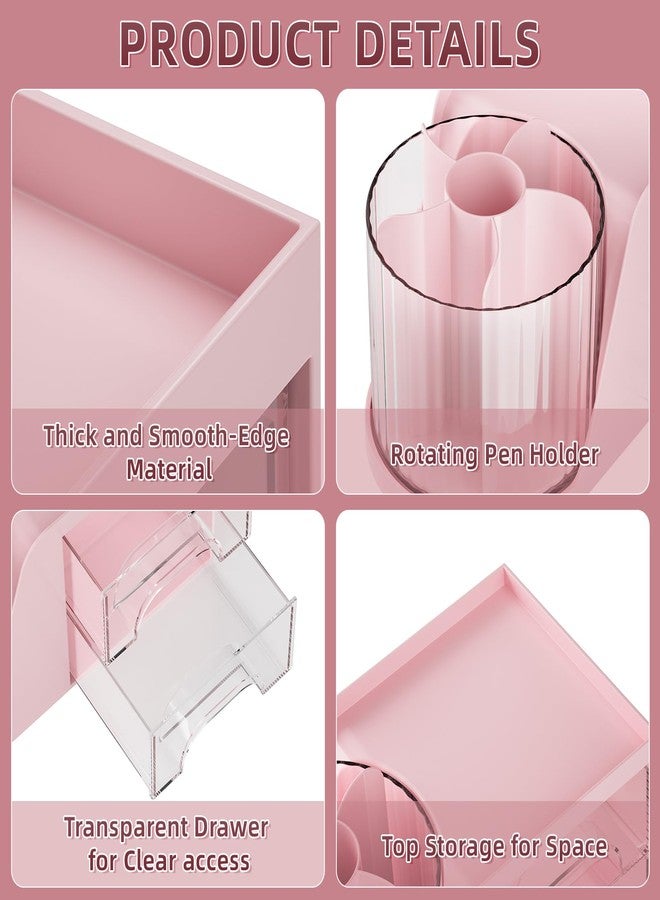 Marbrasse Desk Organizer with 2 Drawer, 360°Rotating Pen Holder for Desk, Desk Organizers and Accessories with 6 Slots Pencil Organizer + 2 Drawer, Art Supply Storage Box Caddy for Office (Pink) - Image 5