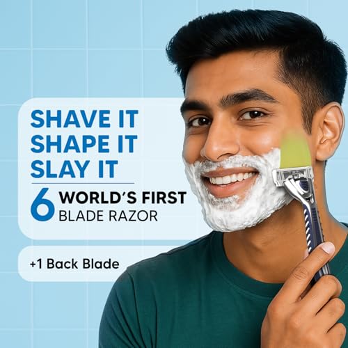 LetsShave Pro 6 Plus Shaving Razor Value Set, 4 Blades 1 Handle + Razor Cap, World's First 6-Blade with Precision Back Blade, Argan Oil & Aloe Vera Infused moisturizing strip, Shaving Kit - Image 2