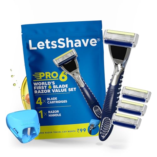 LetsShave Pro 6 Plus Shaving Razor Value Set, 4 Blades 1 Handle + Razor Cap, World's First 6-Blade with Precision Back Blade, Argan Oil & Aloe Vera Infused moisturizing strip, Shaving Kit - Image 1