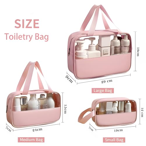 Myfav MY FAV Travel Toiletry Pouch for Women & Men, Portable Cosmetic Organizer Bag for Full-Sized Shampoo, Brushes Set, Toys, Stationery, Bathroom & Makeup Accessories (Pink, 3 pcs Set) - Image 3