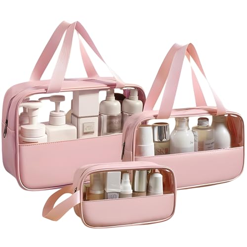 Myfav MY FAV Travel Toiletry Pouch for Women & Men, Portable Cosmetic Organizer Bag for Full-Sized Shampoo, Brushes Set, Toys, Stationery, Bathroom & Makeup Accessories (Pink, 3 pcs Set) - Image 1