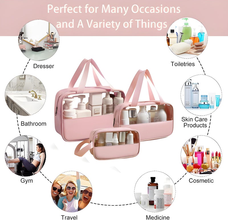 Myfav MY FAV Travel Toiletry Pouch for Women & Men, Portable Cosmetic Organizer Bag for Full-Sized Shampoo, Brushes Set, Toys, Stationery, Bathroom & Makeup Accessories (Pink, 3 pcs Set) - Image 2