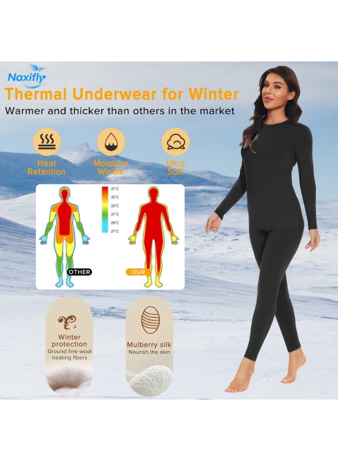 Naxifly Thermal Underwear for Women,Long Johns Thermal Set Wool Women Thermal Underwear Set, High Elasticity, Base Layer Long Sleeve Thermals with Fleece Lined for Indoor, Hiking, Outdoor Sports（Black) - Image 4