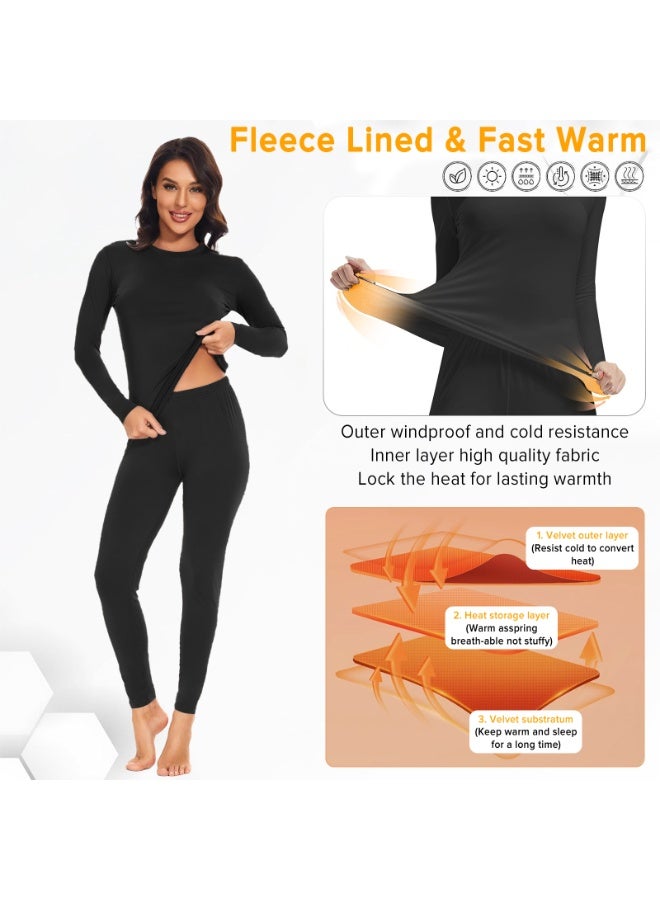Naxifly Thermal Underwear for Women,Long Johns Thermal Set Wool Women Thermal Underwear Set, High Elasticity, Base Layer Long Sleeve Thermals with Fleece Lined for Indoor, Hiking, Outdoor Sports（Black) - Image 2
