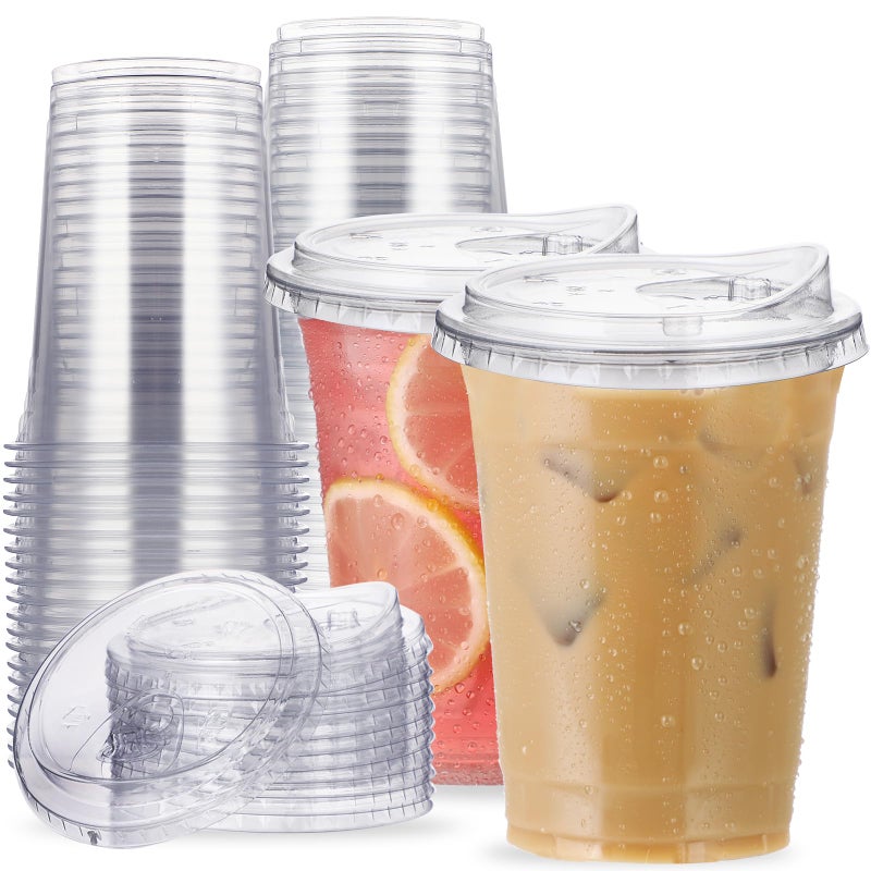 16 oz Clear Plastic Cups with StrawlessSipLids 25 Sets Disposable Cup Plastic Iced Coffee Cups To Go Cup with Sip Through Lids for Smoothie Milkshake Cold Drinks for Party Wedding Event