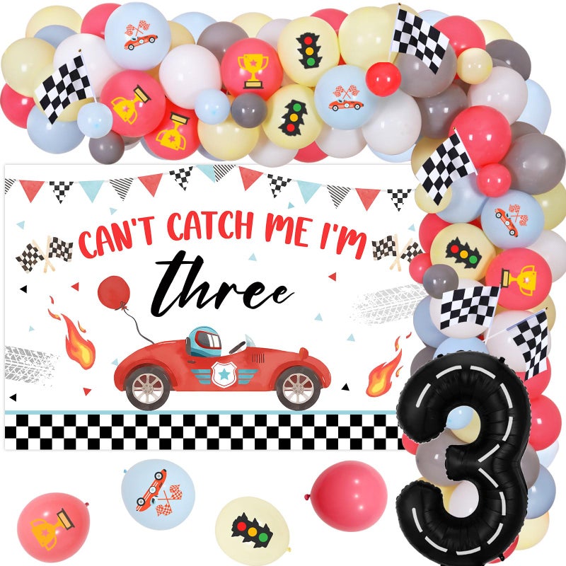 Fangleland Race Car 3rd Birthday Decorations for Boy Cant Catch Me Im Three Racing Theme Birthday Party Supplies Decors with Balloons Garland Arch Kit and Backdrop Poster Vintage Red - Image 2