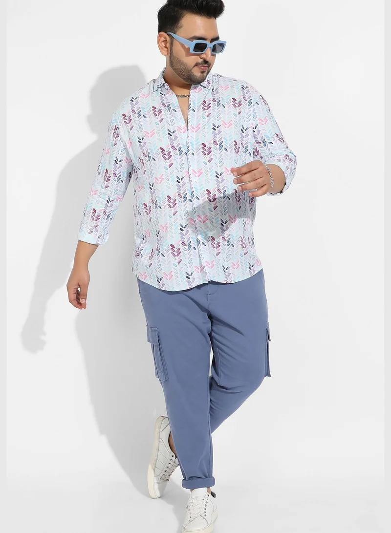 Instafab Plus Printed Spread Collar Long Sleeve Shirt