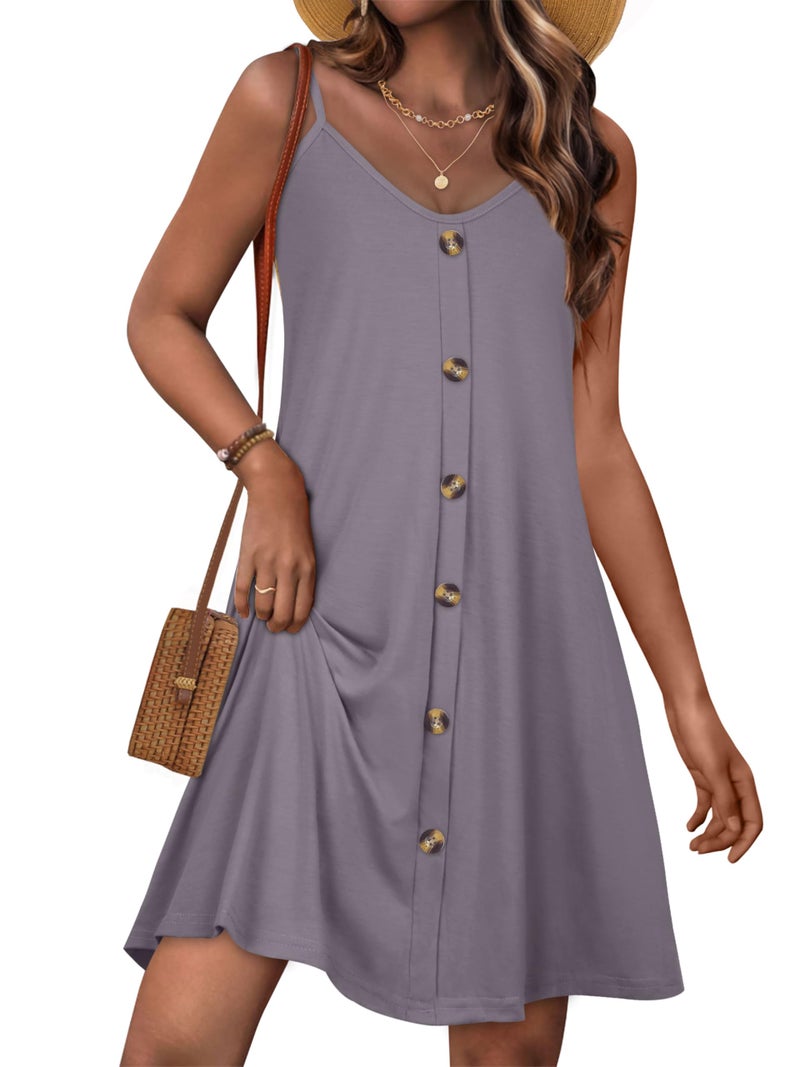 JOELLYUS Summer Dresses for Women Spaghetti Strap Button Down Casual Sundress Beach Cover Up Dress with Pockets, Brownish Gray, L - Image 1