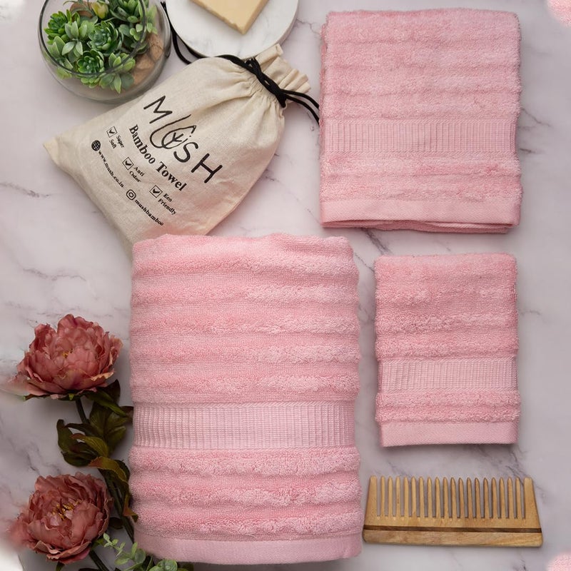 Mush Bamboo 3 PieceTowels Set | Ultra Soft, Absorbent and Antimicrobial 600 GSM (Bath Towel, Hand Towel and Face Towel) Perfect for Daily Use and Gifting (Pink) - Image 2