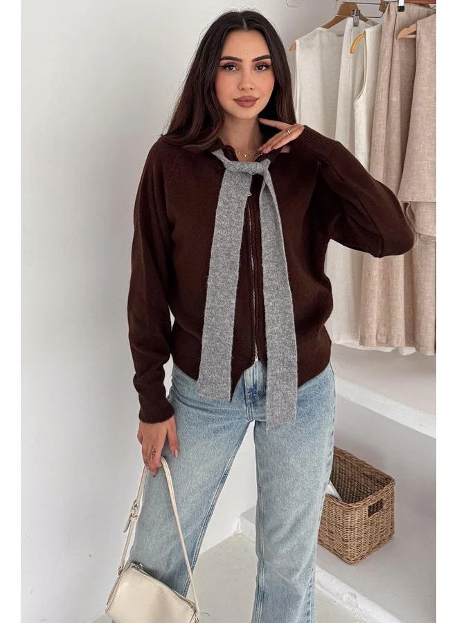Noa Noa Women's Zippered Bow Detail Knit Jacket - Pointed Hem Design