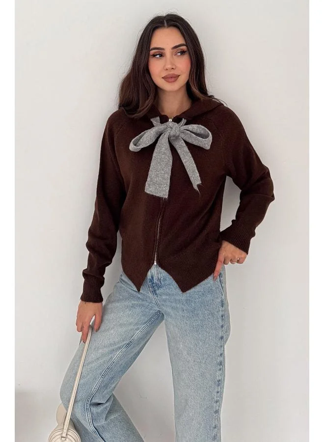 Noa Noa Women's Zippered Bow Detail Knit Jacket - Pointed Hem Design