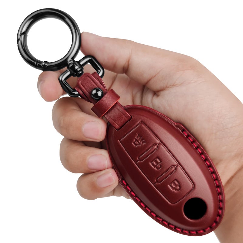 Tukellen Compatible with Nissan Key Fob Cover Handmade Genuine Leather Case for Altima Pathfinder Armada Murano Maxima Rogue Infinity Smart Remote 3 Buttons KeyRed