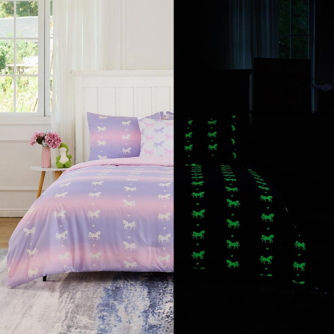 TWIN COMFORTER SETS FOR BOYS GIRLS UNICORN GLOW IN THE DARK KIDS BEDDING SETS 5 PCS TWIN BED IN A BAG WITH COMFORTER SHEETS PILLOW SHAM CUSHION COVER UNICORN