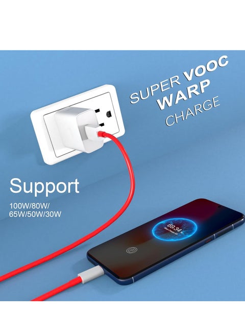 100W SuperVooc Charger for OnePlus 13 13R 12 12R 11 10Pro/10R, 100W Warp Charger for OnePlus 9Pro/9/8T/Nord 2T/9R/9RT/Nord N30/N20/N10/CE 3/CE 2 ,Super Fast USB C Wall Charger Block Replacement with 3.3ft Ultra Fast Type C Charging Cable