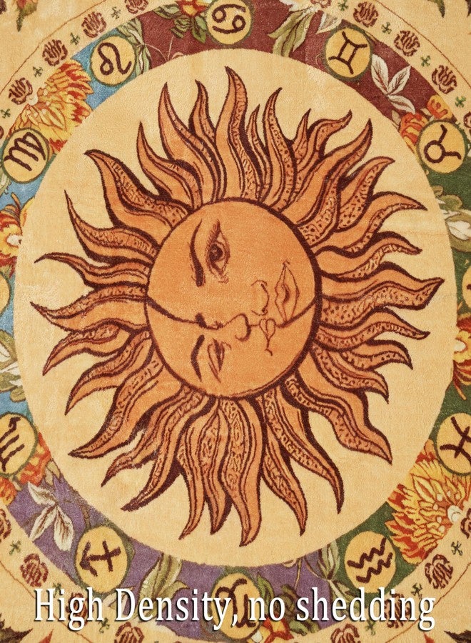 Ouyattle Ultra Thin Washable Mystical Rugs Stain Resistant, Sun and Moon 5x7 Area Rugs Non Slip - Retro Yellow Hippie Floral Throw Rugs for Living Room Bedroom Entryway, Trendy Indie Dorm Tapestry Rug - Image 4