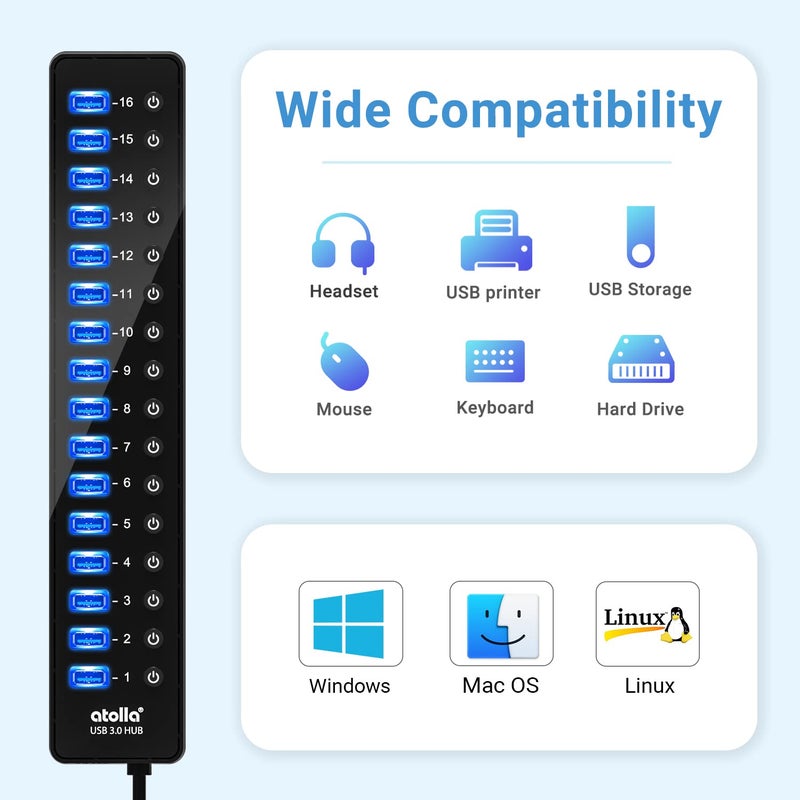 atolla Power USB Hub 3.0, atolla 16 Port USB Splitter with 12V/6A Power Adapter and Individual Switches, High-Speed Data Transfer for Laptop, PC, Mac, and More Devices - Image 5