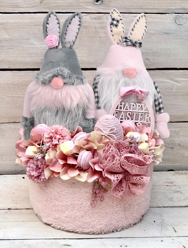 Yuboo Spring Gnomes Decorations for Home 2 Pack Easter Gnomes Plush Pink  Grey Bunny Rabbit Tiered Tray Decor