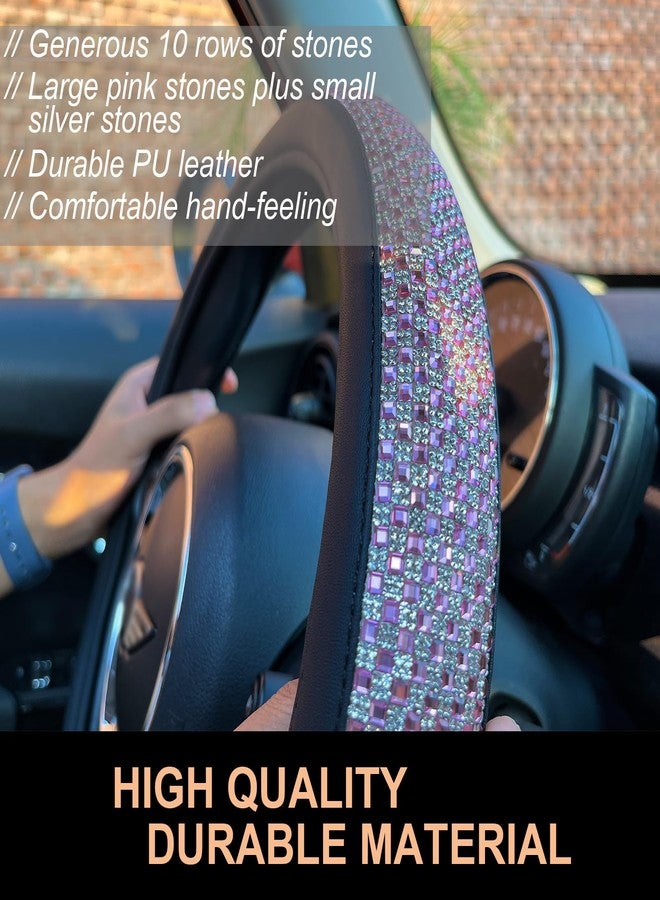 PINCTROT Large Size Bling Comfy Steering Wheel Cover with Jumbo Crystal Rhinestones, Anti-Slip Diamond Leather, 15.5-15.75 Inch (Pink) - Image 3