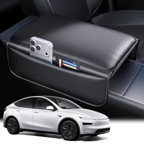 Wigoo Center Console Lid Cover for Tesla Model Y Juniper 20252026 Model 3 Highland 20242026 Standard Premium Performance Soft Support Nappa Leather Armrest Protector Cover Black - Image 1