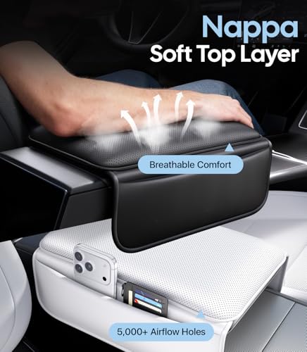 Wigoo Center Console Lid Cover for Tesla Model Y Juniper 20252026 Model 3 Highland 20242026 Standard Premium Performance Soft Support Nappa Leather Armrest Protector Cover Black - Image 3