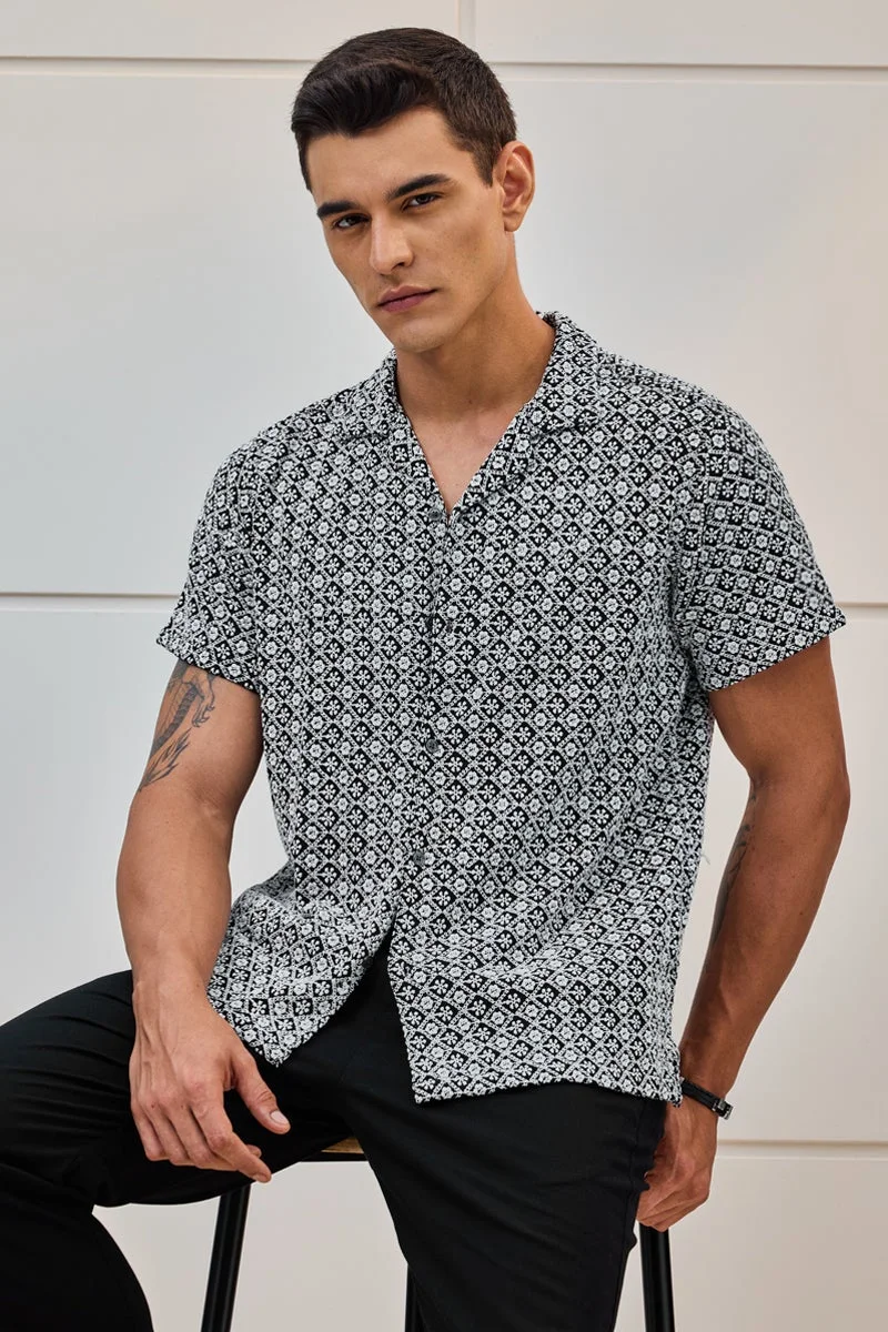 SNITCH Black Textured Half Sleeve Boxy Shirt