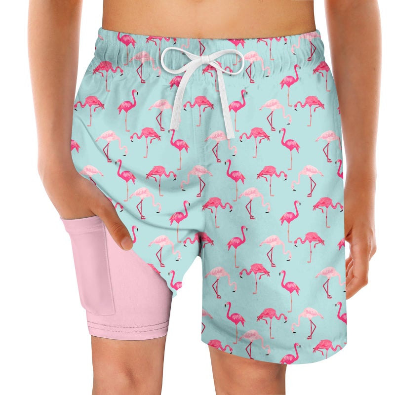 swimsobo Boys Swim Trunks for Size 14-16 Kids Compression Liner Swimming Hawaii Pink Flamingo Bathing Suit Beach Swim Shorts - Image 1