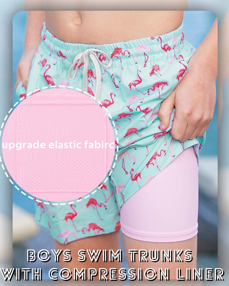 swimsobo Boys Swim Trunks for Size 14-16 Kids Compression Liner Swimming Hawaii Pink Flamingo Bathing Suit Beach Swim Shorts - Image 3