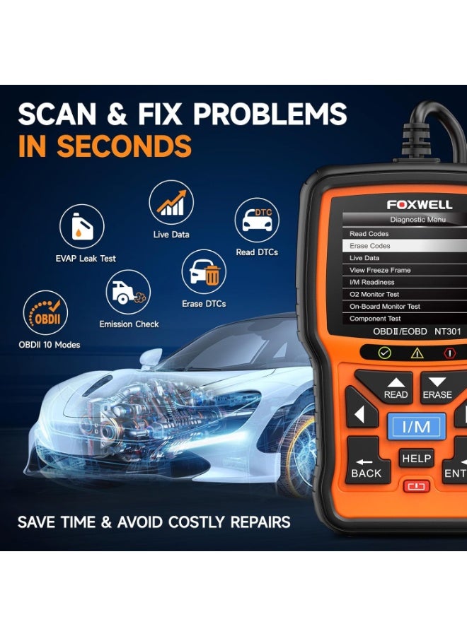 فوكسويل ماسح ضوئي FOXWELL NT301 OBD2، بيانات حية، ميكانيكي محترف، أداة قراءة رموز تشخيص OBDII لضوء فحص المحرك - Image 3