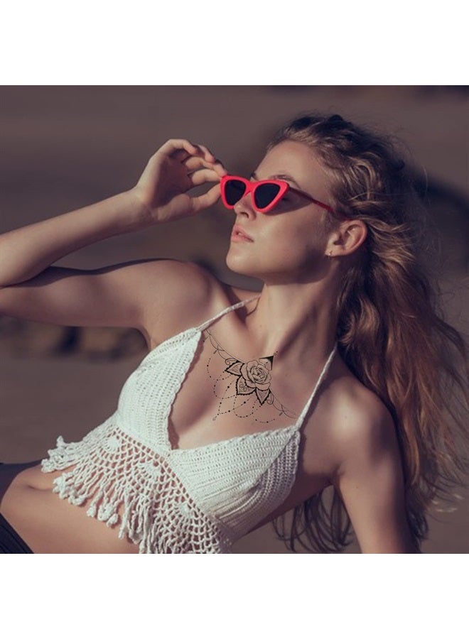 Sliverdew 6 Sheets Temporary Tattoos for Women Girls Waterproof Rose Flower Fake Tattoos Sexy Underboob Tattoos Black Jewelry Bowknot Long Lasting Large Tattoos Stickers on Chest Waist Waterproof Body Art - Image 2