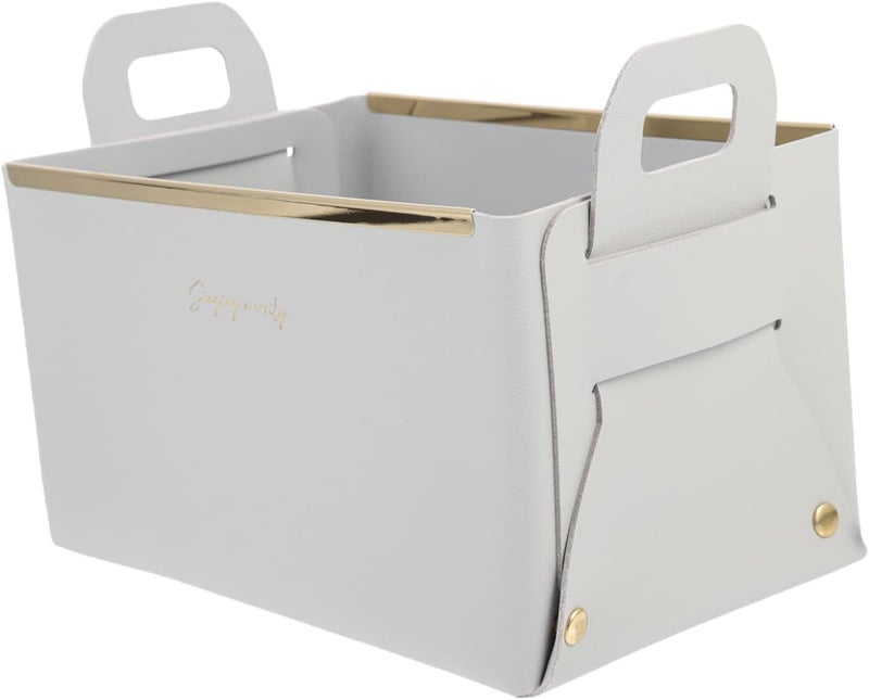 MIXEN Leather Storage Boxes Foldable Desktop Storage Basket with Handle for Home Office Organizer for Toys Books Magazines Grey - Image 1