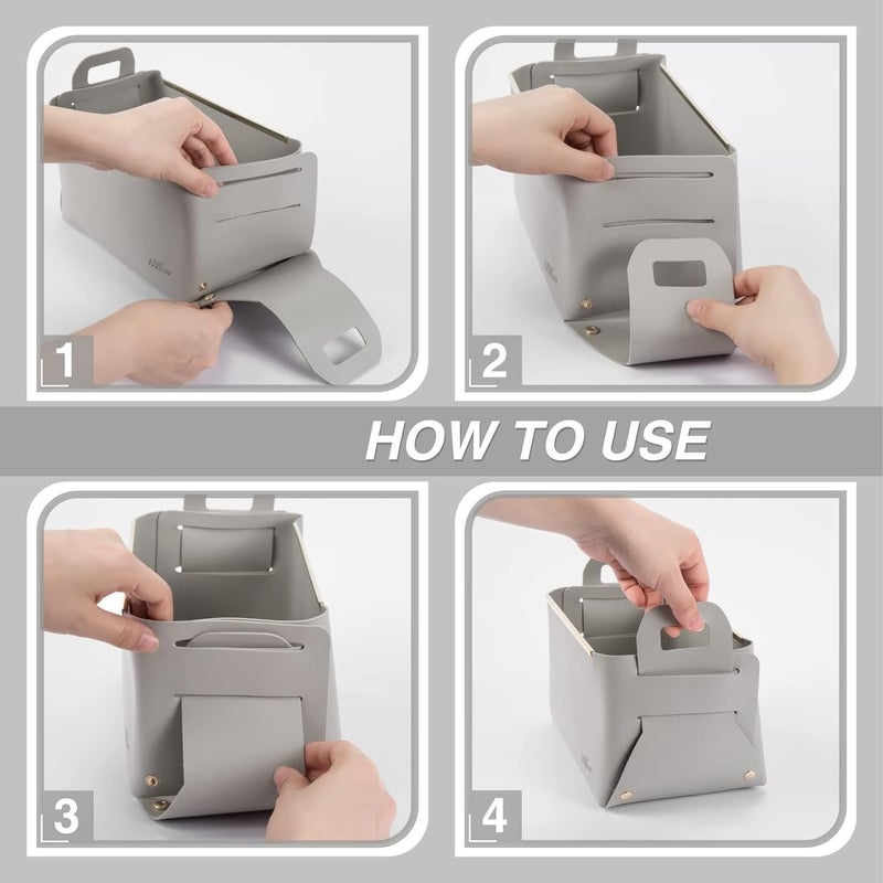 MIXEN Leather Storage Boxes Foldable Desktop Storage Basket with Handle for Home Office Organizer for Toys Books Magazines Grey - Image 5