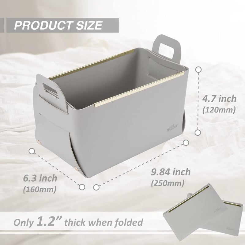 MIXEN Leather Storage Boxes Foldable Desktop Storage Basket with Handle for Home Office Organizer for Toys Books Magazines Grey - Image 4