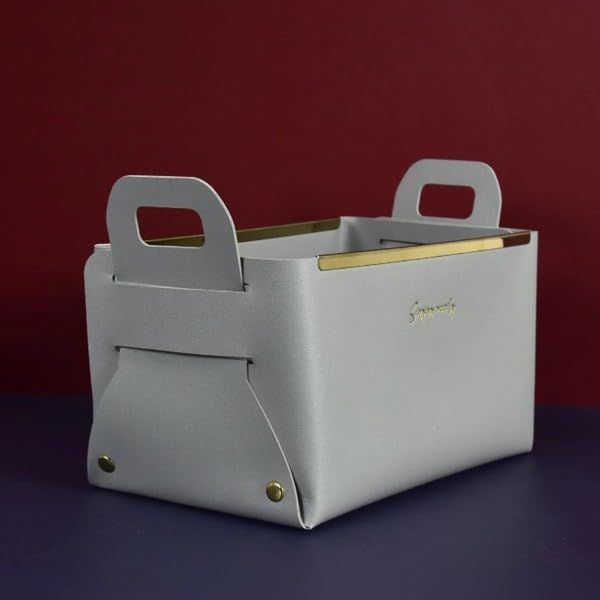MIXEN Leather Storage Boxes Foldable Desktop Storage Basket with Handle for Home Office Organizer for Toys Books Magazines Grey - Image 2