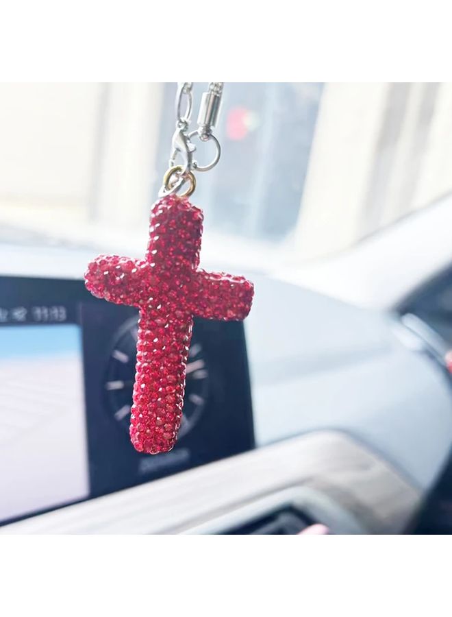 Pink Sparkling Crystal Cross Pendant Car Rearview Mirror Charm Acrylic Hanging Decor - Image 4