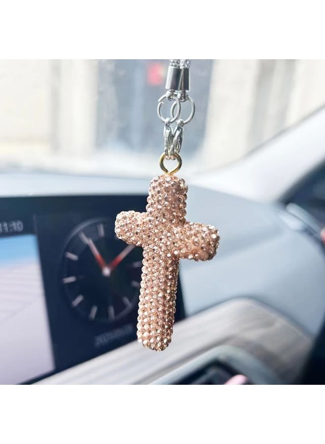 Pink Sparkling Crystal Cross Pendant Car Rearview Mirror Charm Acrylic Hanging Decor - Image 2