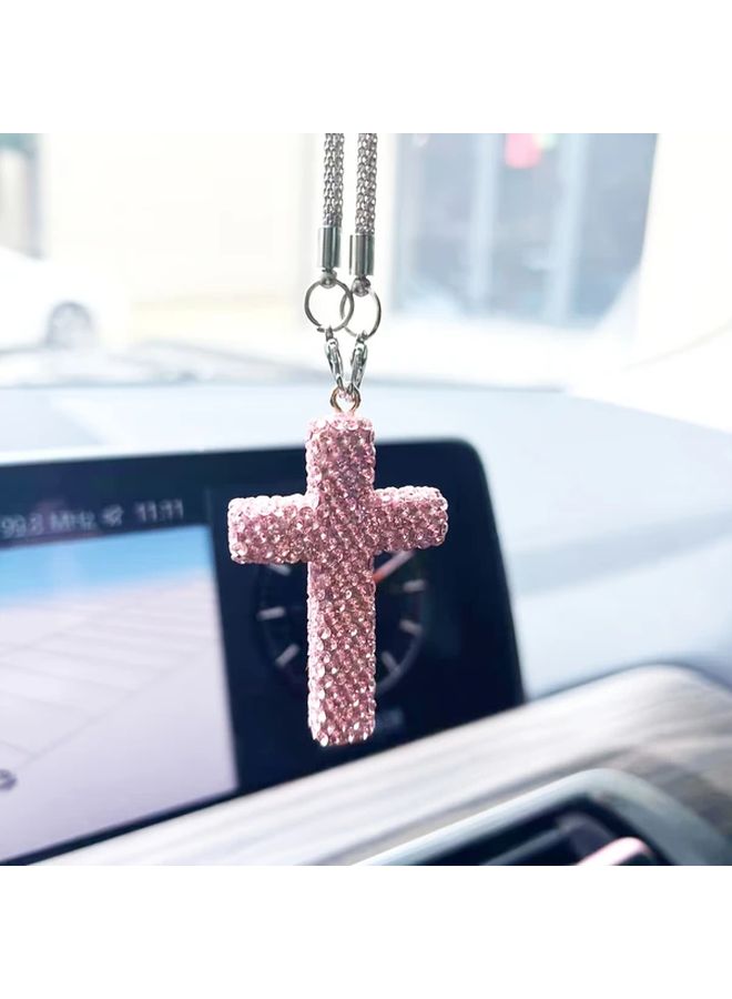 Pink Sparkling Crystal Cross Pendant Car Rearview Mirror Charm Acrylic Hanging Decor - Image 1