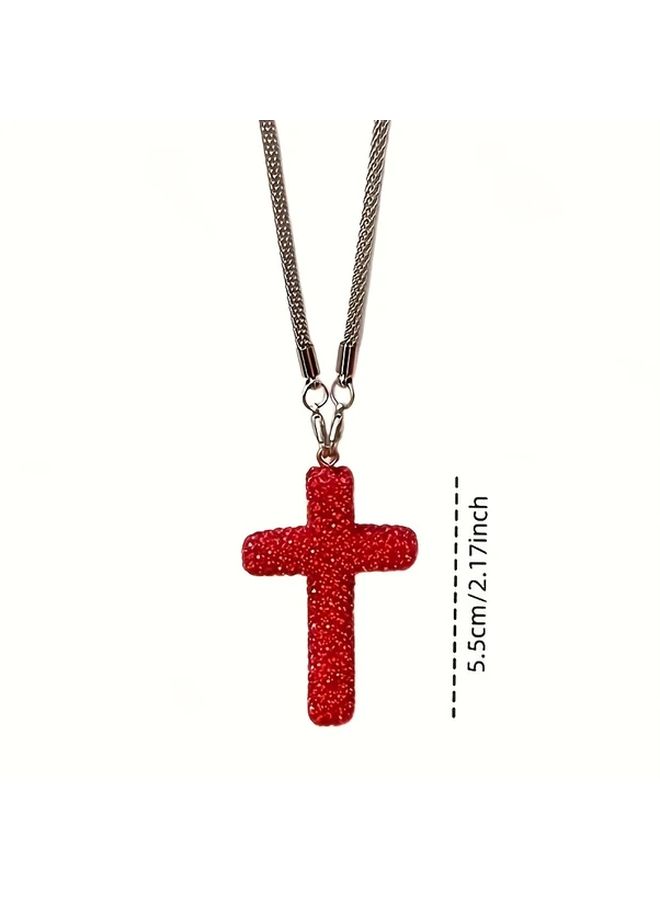 Pink Sparkling Crystal Cross Pendant Car Rearview Mirror Charm Acrylic Hanging Decor - Image 5