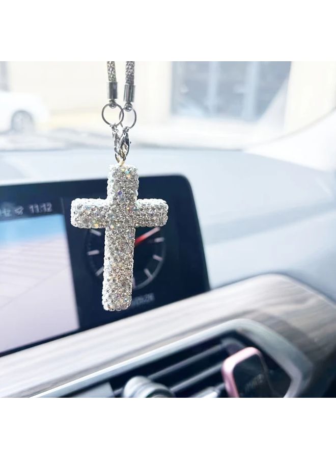 Pink Sparkling Crystal Cross Pendant Car Rearview Mirror Charm Acrylic Hanging Decor - Image 3