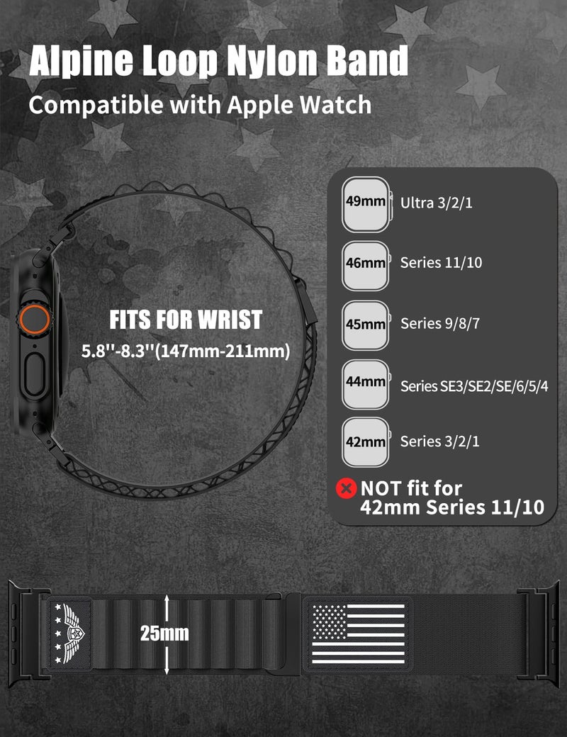 SuperNaNa Alpine Loop Nylon Band Compatible with Apple Watch Bands Ultra 3/2 49mm 46mm 45mm 44mm 42mm for Men, Stretchy Nylon Sport Strap Star-Stripe Flag Wristband for iWatch Series 11/10/9/8/7/6/5/4/3/SE3 2 1 - Image 3