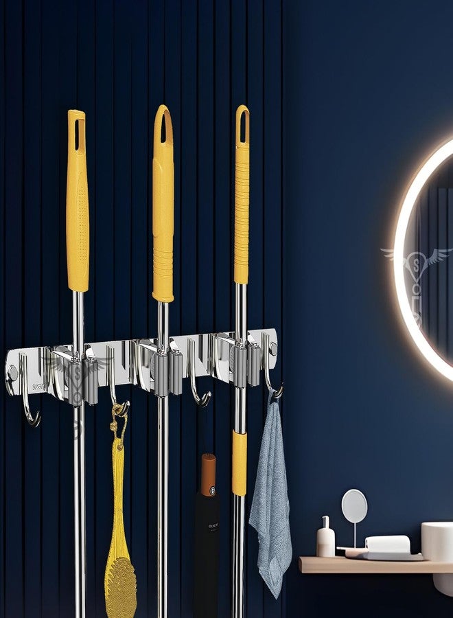 SITTELLA® Pack of - 3 Racks with 4 Stainless Steel Hooks Wall Mounted Broom and Mop Stick Holder, Hanging Tools for Home Kitchen Garden Laundry Garage (Silver) - Image 1