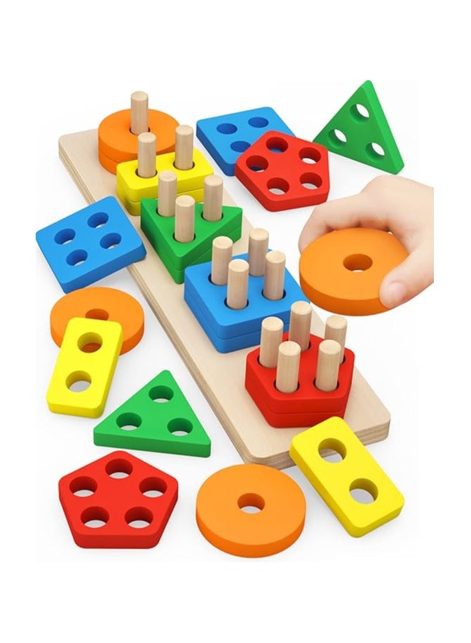 Risen Superior Quality Wooden Montessori Toys for 1 to 3-Year-Old Boys Girls Toddlers, Wooden Sorting & Stacking Toys for Toddlers and Kids Preschool, Educational Toys, Color Recognition Stacker Shape Sorter, Learning Puzzles Gift - Image 1