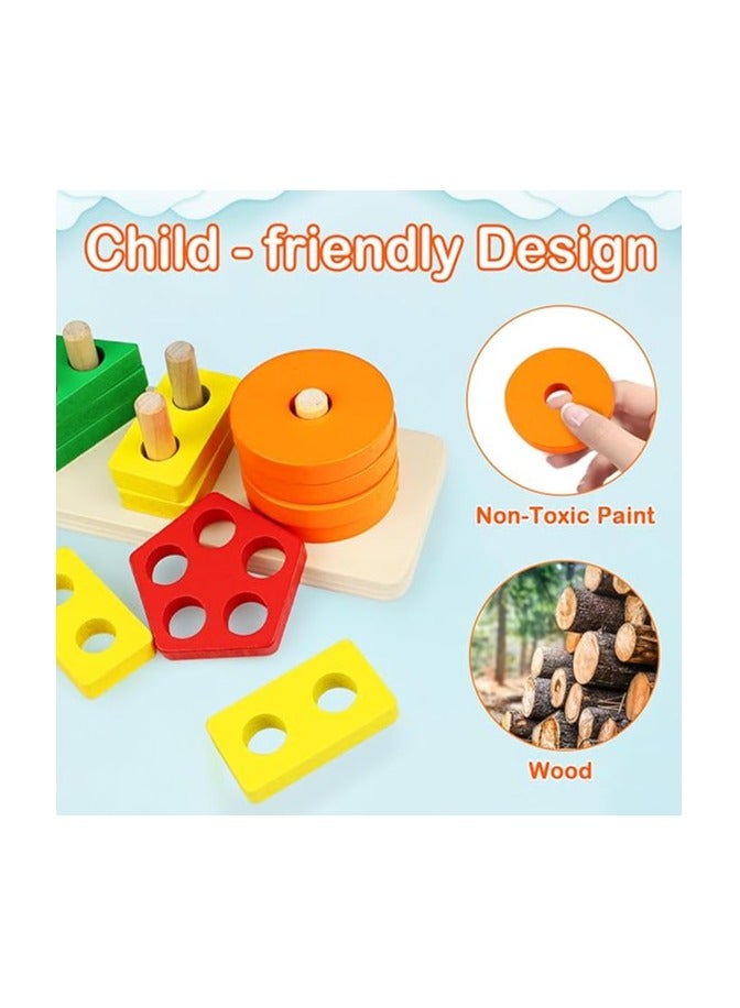 Risen Superior Quality Wooden Montessori Toys for 1 to 3-Year-Old Boys Girls Toddlers, Wooden Sorting & Stacking Toys for Toddlers and Kids Preschool, Educational Toys, Color Recognition Stacker Shape Sorter, Learning Puzzles Gift - Image 3