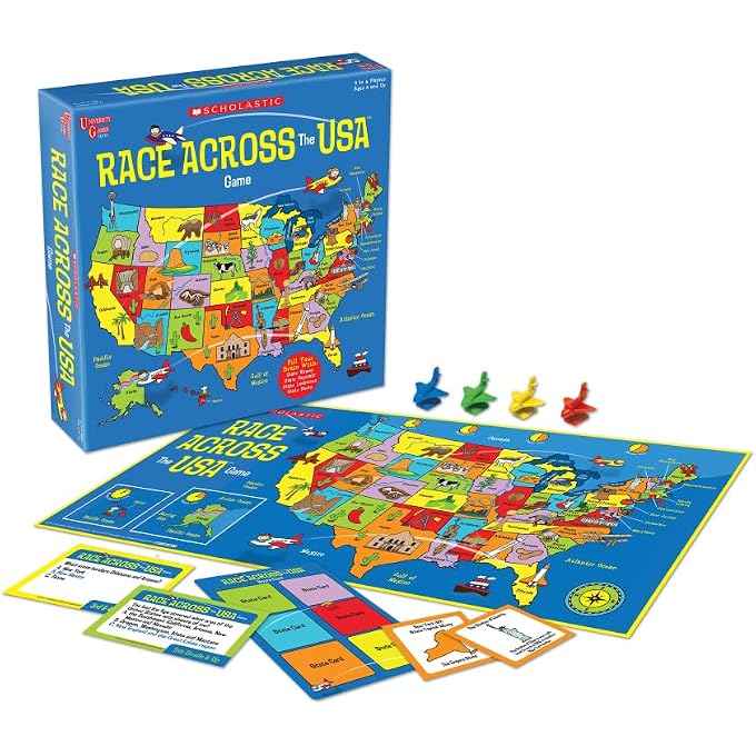 scholastic , Scholastic Race Across the USA Board Game , Geography Learning Game for Kids and Families, for 2 to 4 Players Ages 8 and Up - Image 1