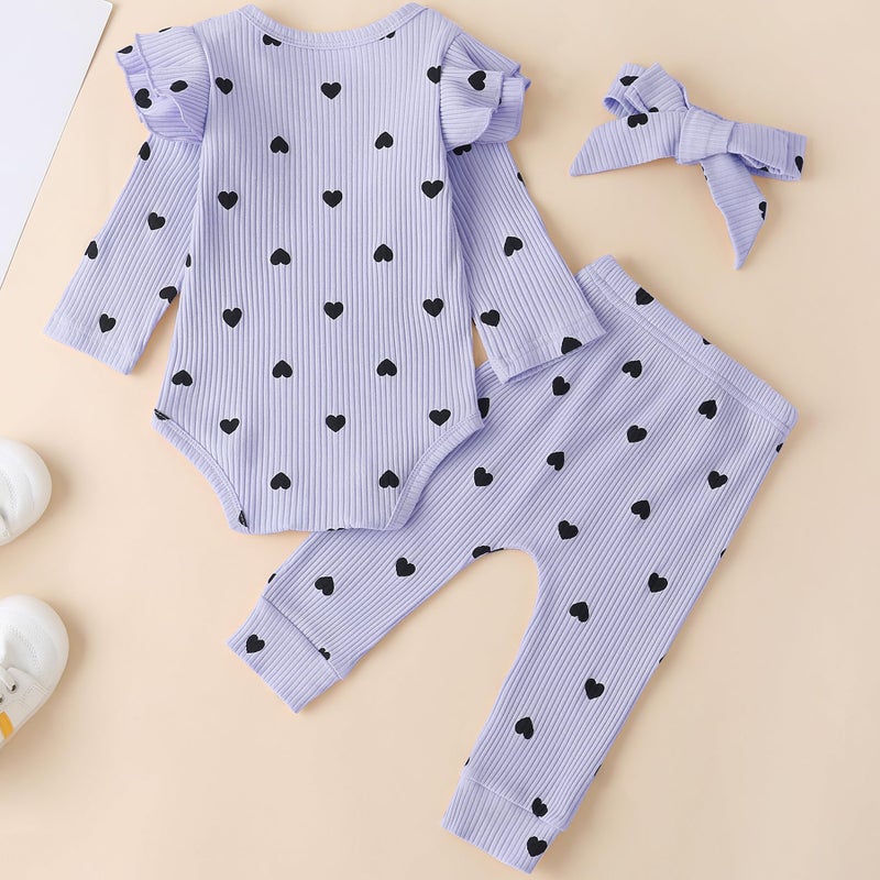 Fullfamous Newborn Infant Baby Girl Fall Winter Clothes Long Sleeve Onesie Clothing Pant Set Outfits Gifts 0-3 months Lavender Heart - Image 4