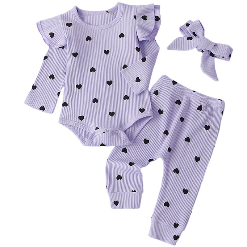 Fullfamous Newborn Infant Baby Girl Fall Winter Clothes Long Sleeve Onesie Clothing Pant Set Outfits Gifts 0-3 months Lavender Heart - Image 1
