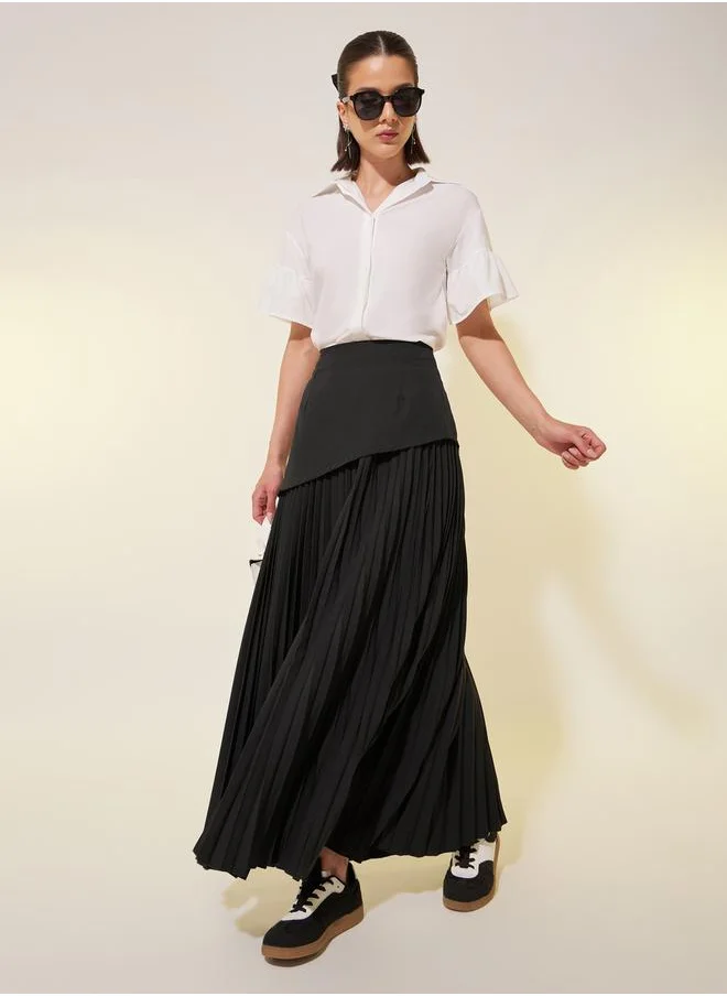 Styli Solid Pleated A-Line Maxi Skirt