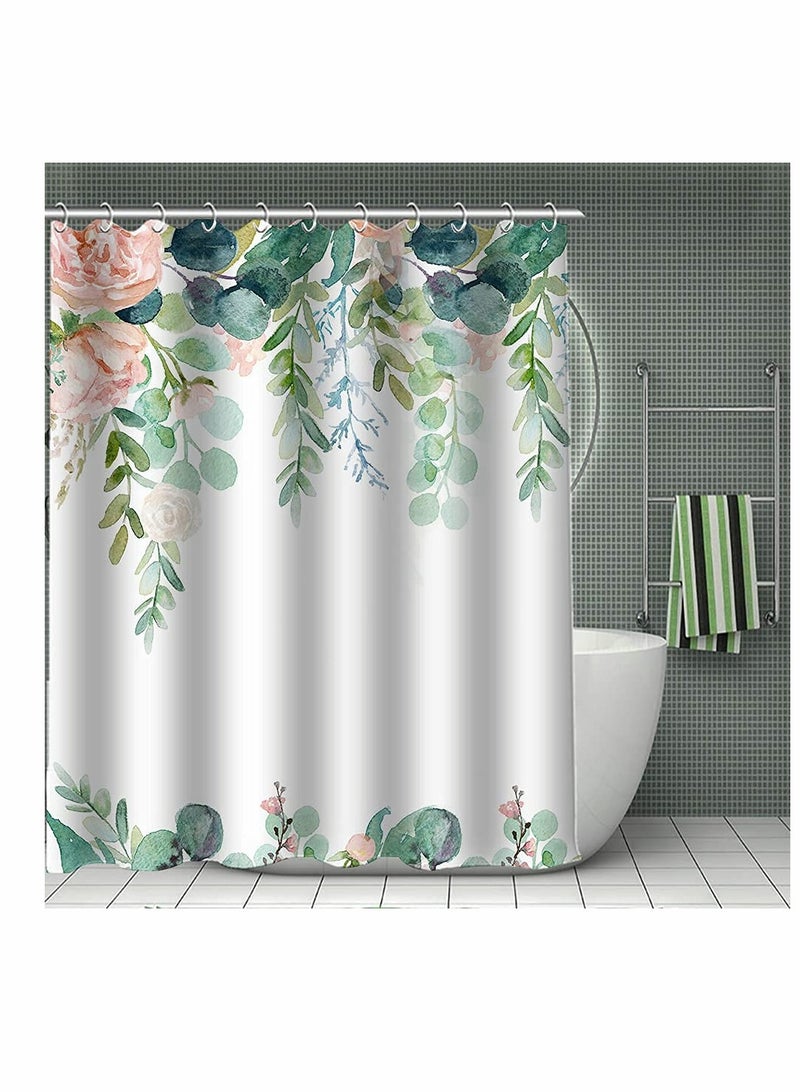 Floral Shower Curtain with 12 Hooks Pink Flowers Green Leaves Shower Curtain Set for Bathroom, Watercolor Boho Bath Curtain Set, Waterproof Fabric Shower Curtain - Image 2